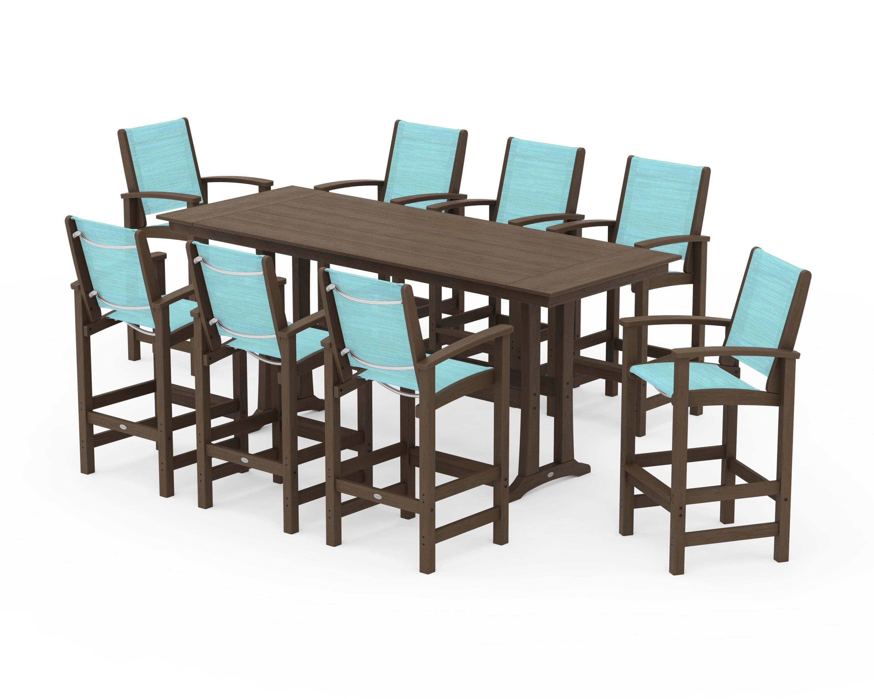 POLYWOOD Coastal 9-Piece Farmhouse Bar Set with Trestle Legs in Kona / Dupioni Aquamarine Sling