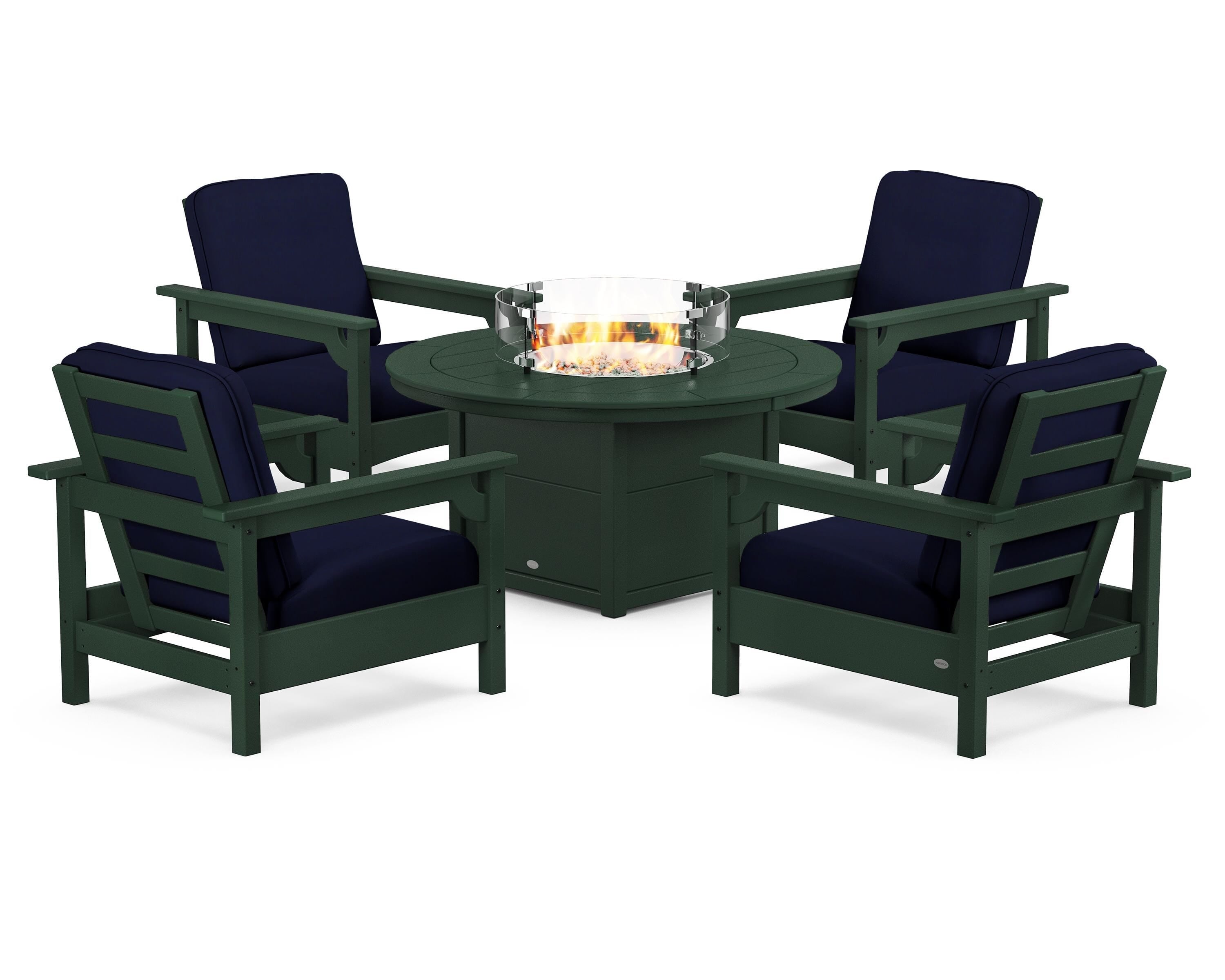 POLYWOOD Club 5-Piece Conversation Set with Fire Pit Table in Green / Navy