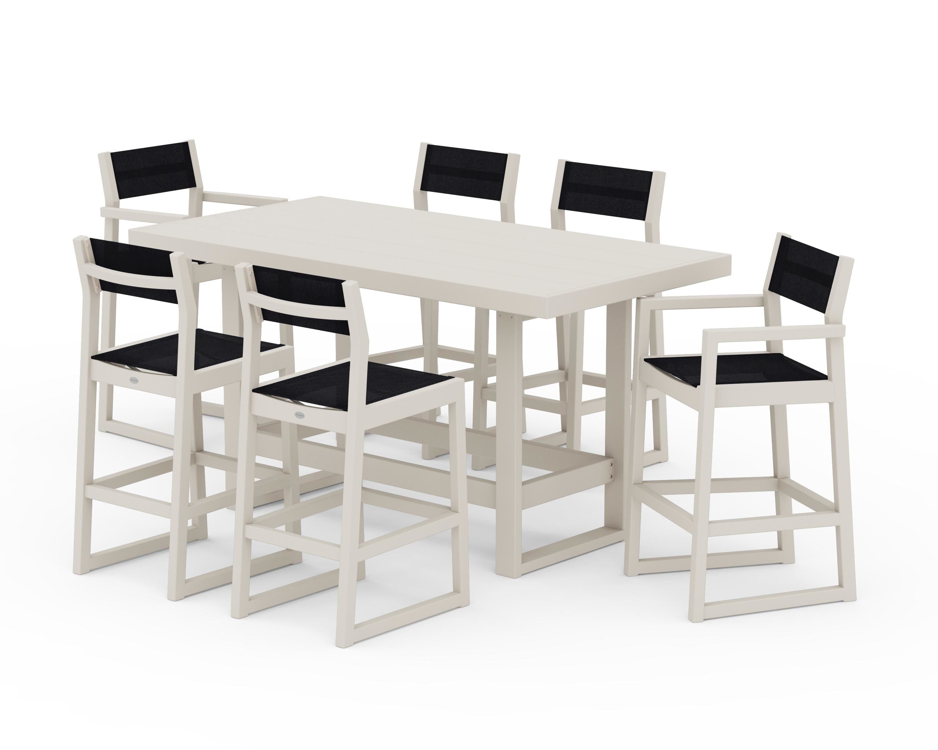 POLYWOOD EDGE Sling 7-Piece Bar Table Set in Sand / Black Sling