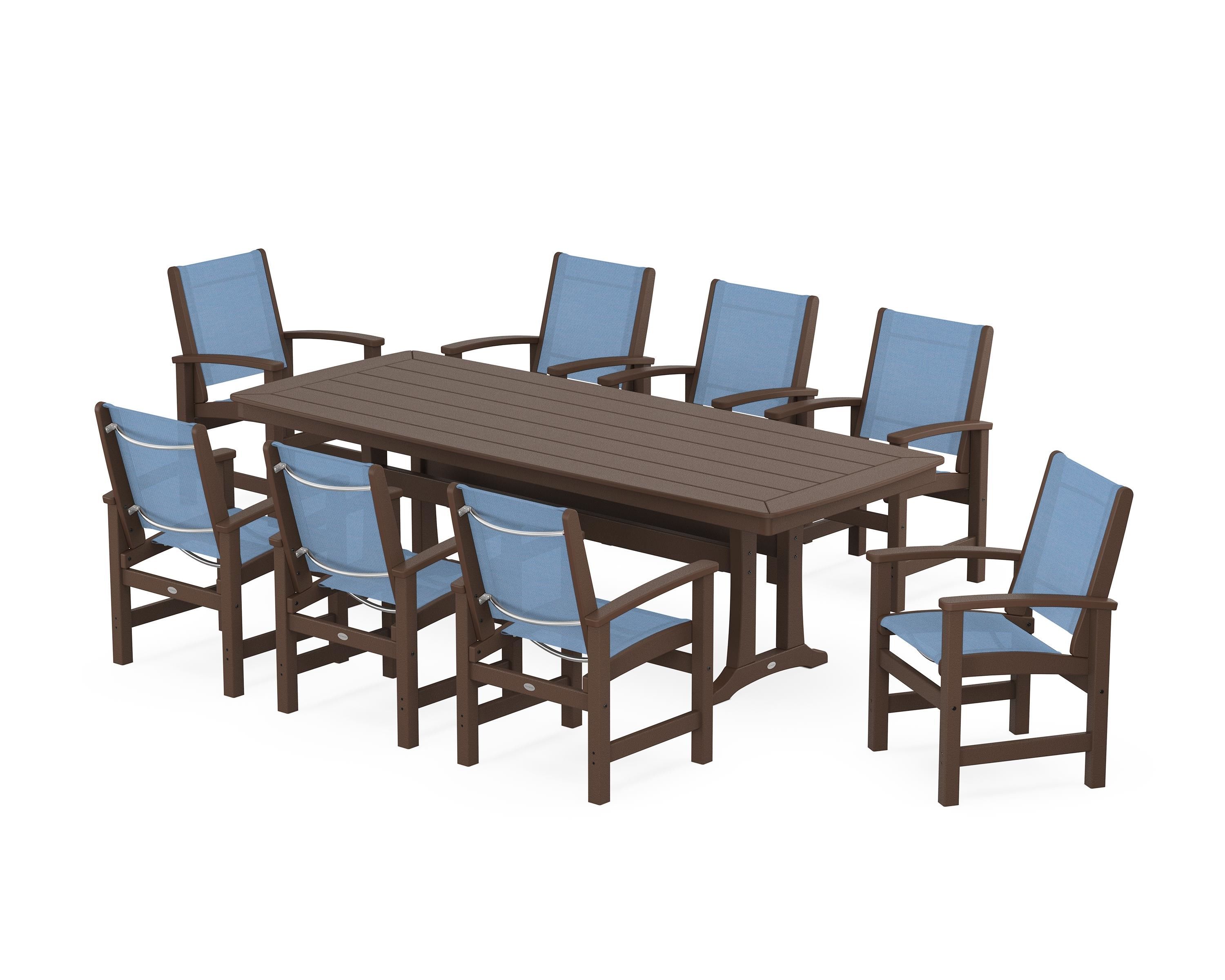 POLYWOOD Coastal 9-Piece Dining Set with Trestle Legs in Mahogany / Poolside Sling