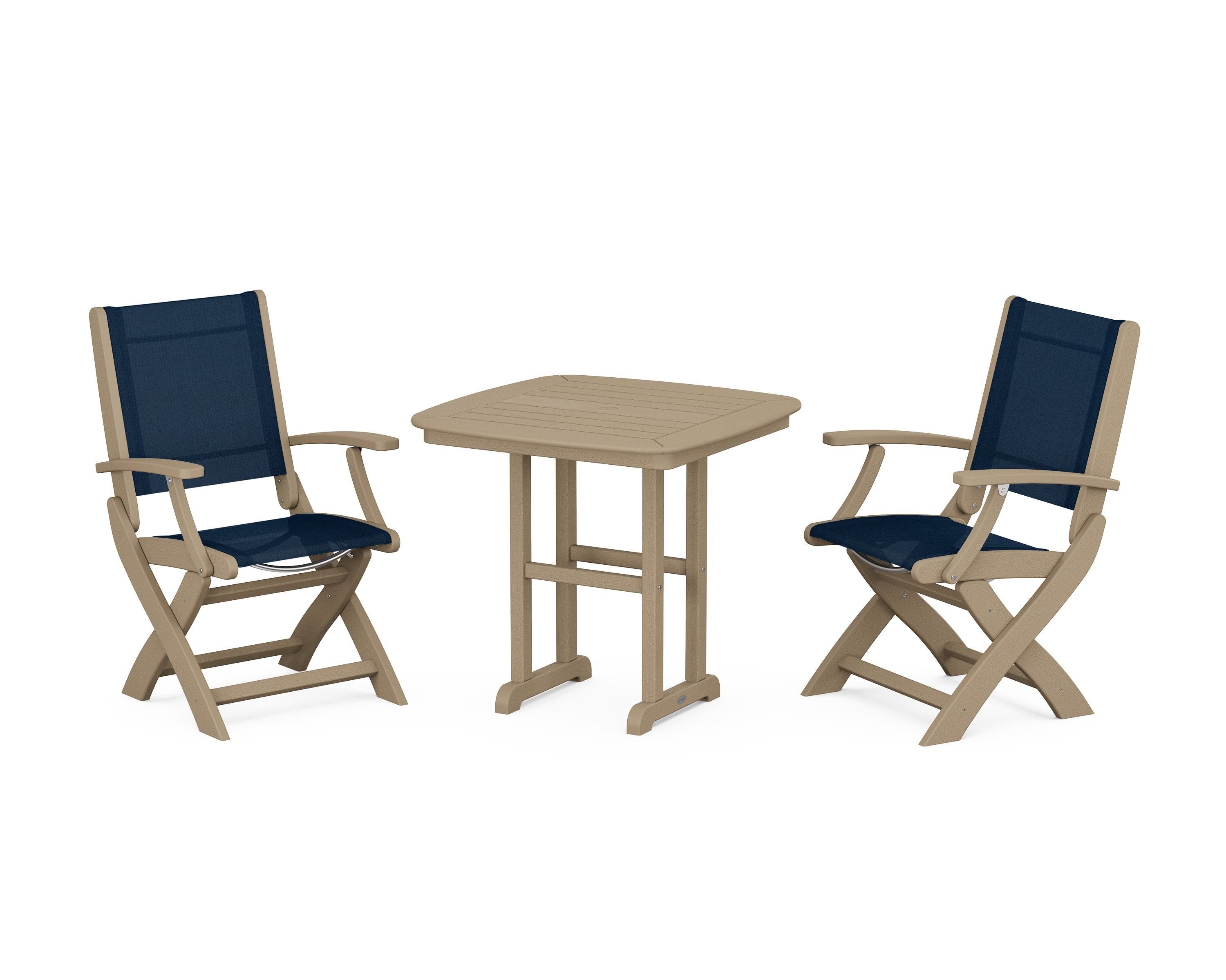 POLYWOOD Coastal Folding Chair 3-Piece Dining Set in Vintage Sahara / Navy Blue Sling