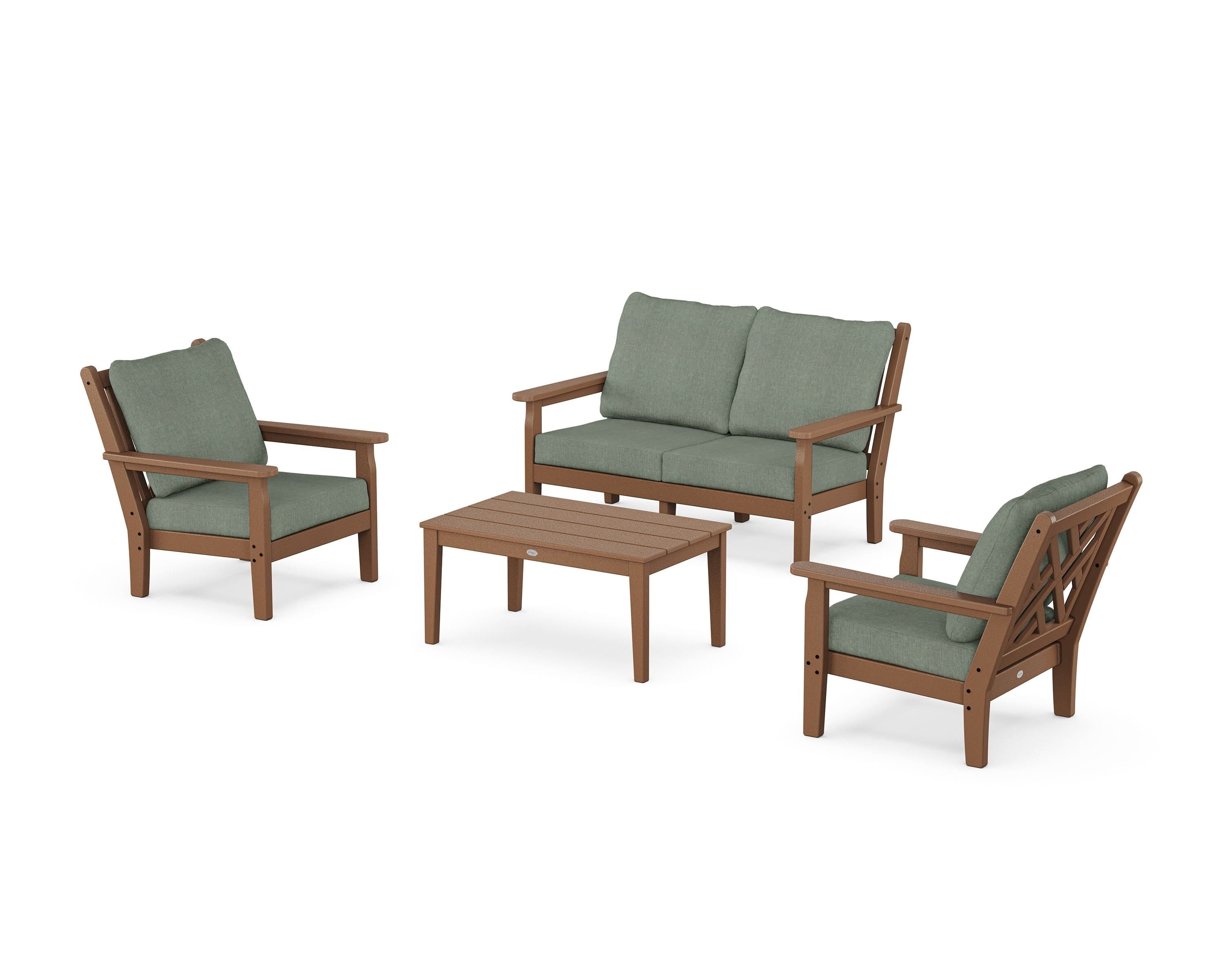 POLYWOOD Chippendale 4-Piece Deep Seating Set with Loveseat in Teak / Cast Sage