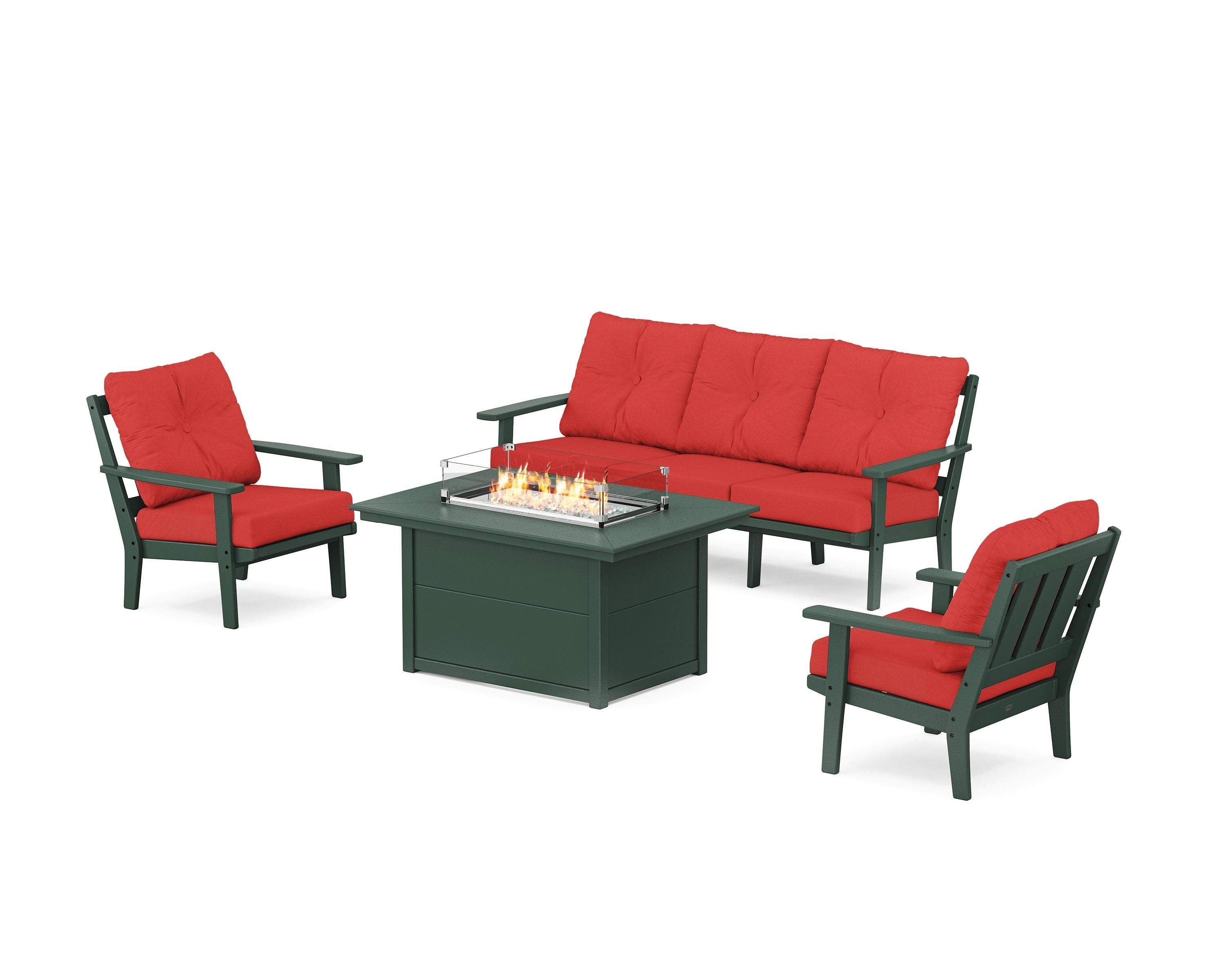 POLYWOOD Oxford Deep Seating Fire Pit Table Set in Green / Crimson Linen