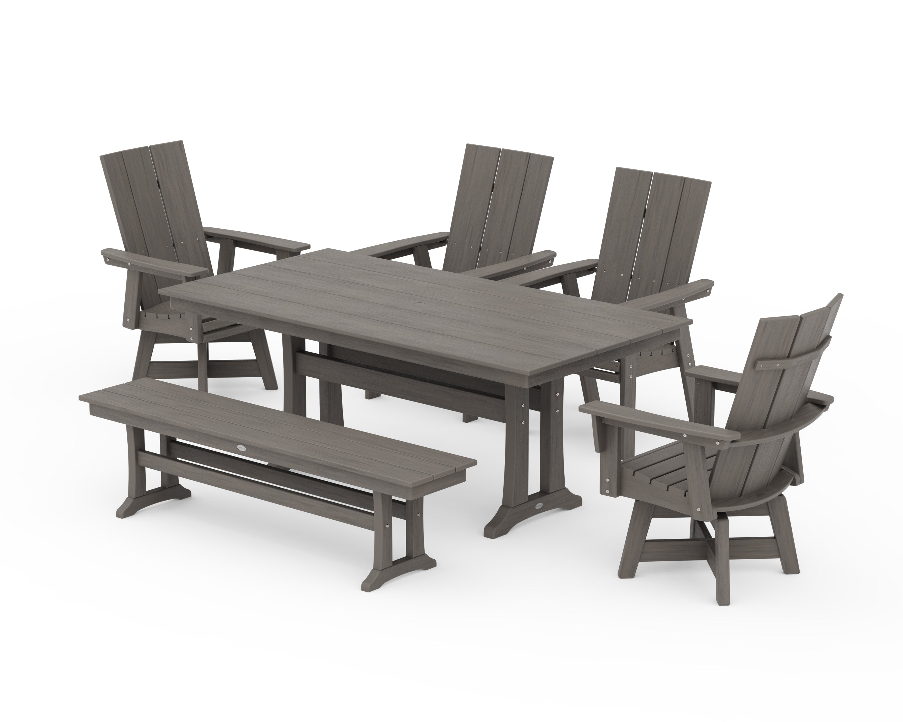 POLYWOOD Modern Curveback Adirondack Swivel Chair 6-Piece Farmhouse Dining Set With Trestle Legs and Bench in Driftwood