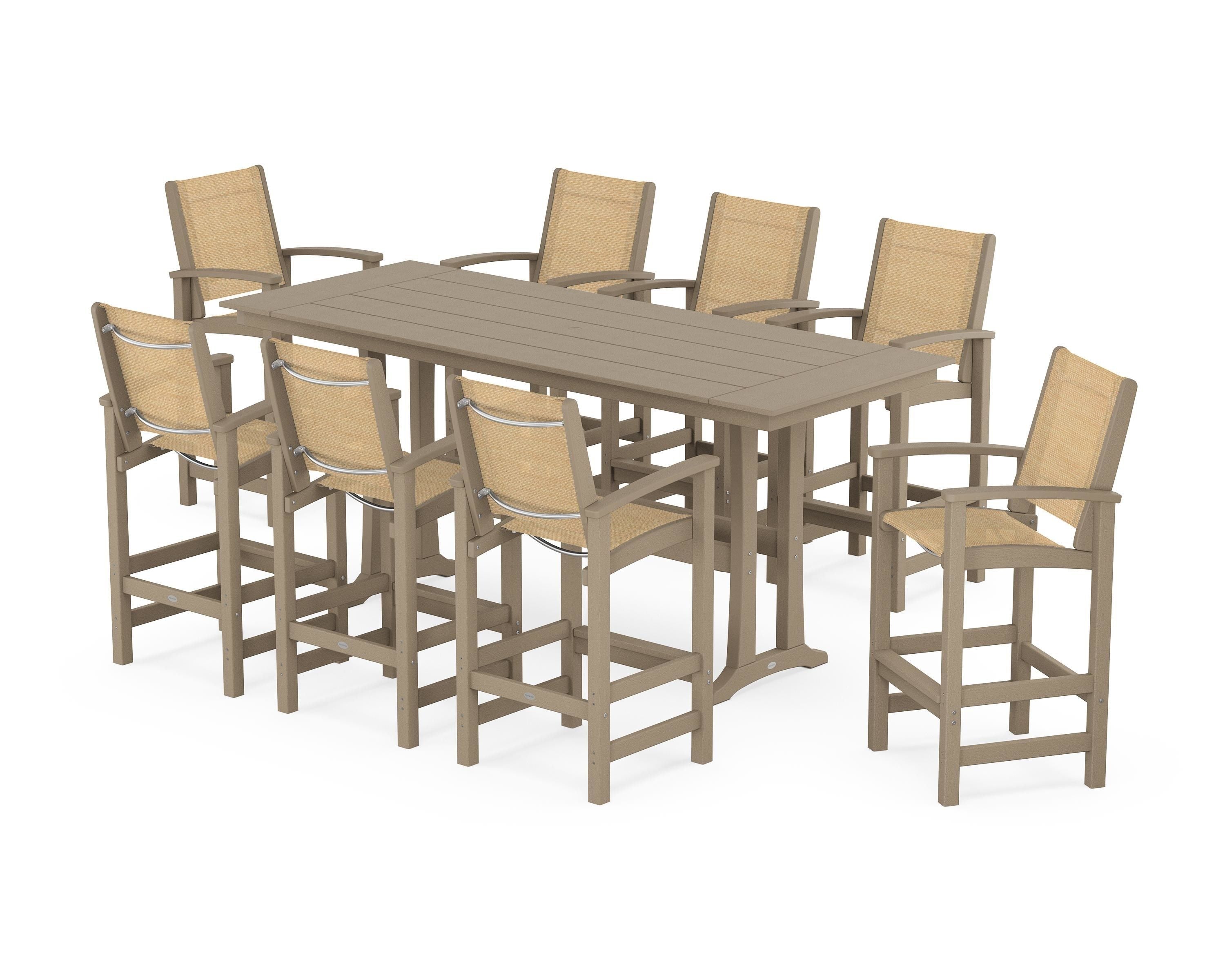 POLYWOOD Coastal 9-Piece Farmhouse Bar Set with Trestle Legs in Vintage Sahara / Dupioni Apricot Sling