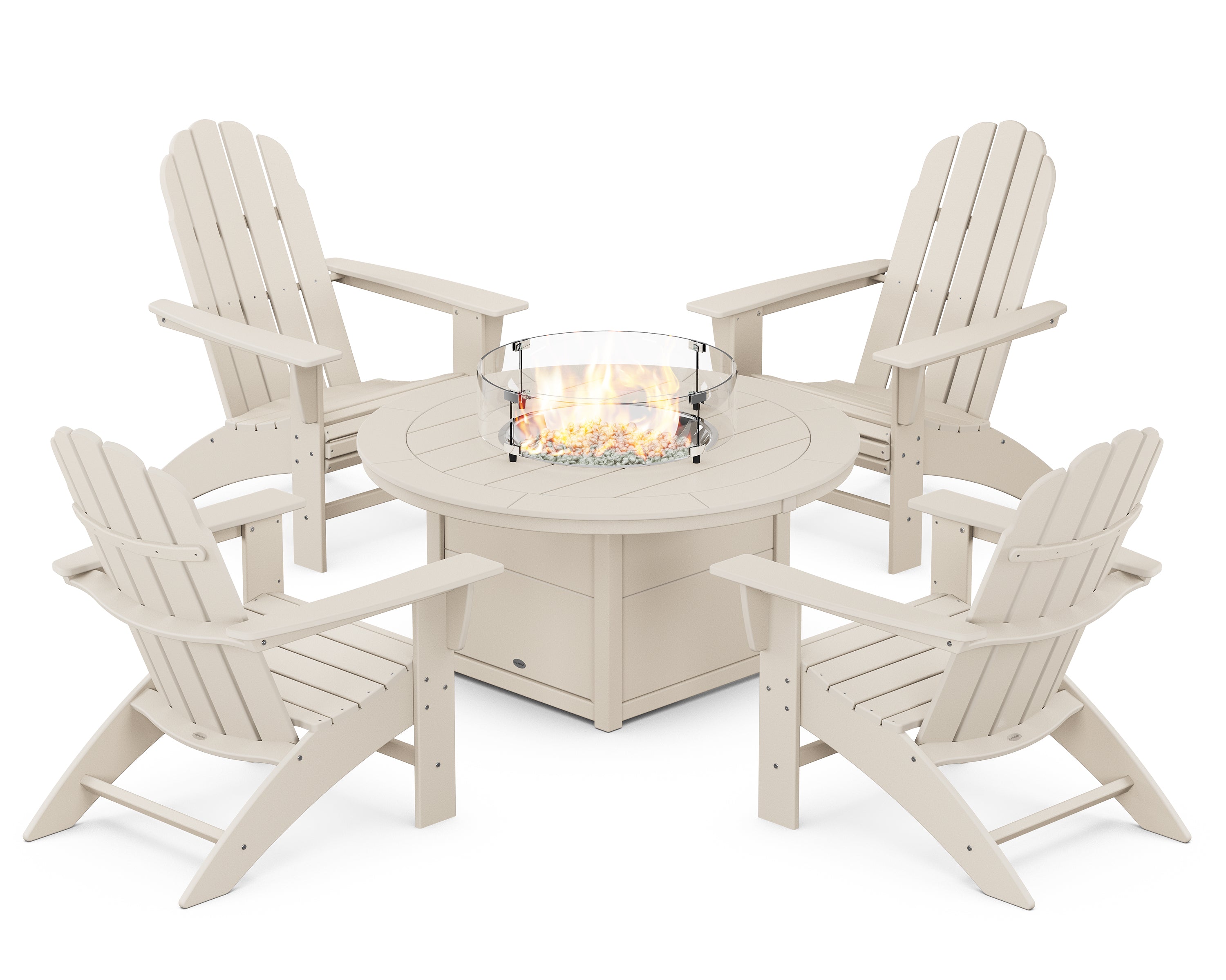 POLYWOOD® Vineyard Curveback Adirondack 5-Piece Conversation Set with Fire Pit Table in Sand