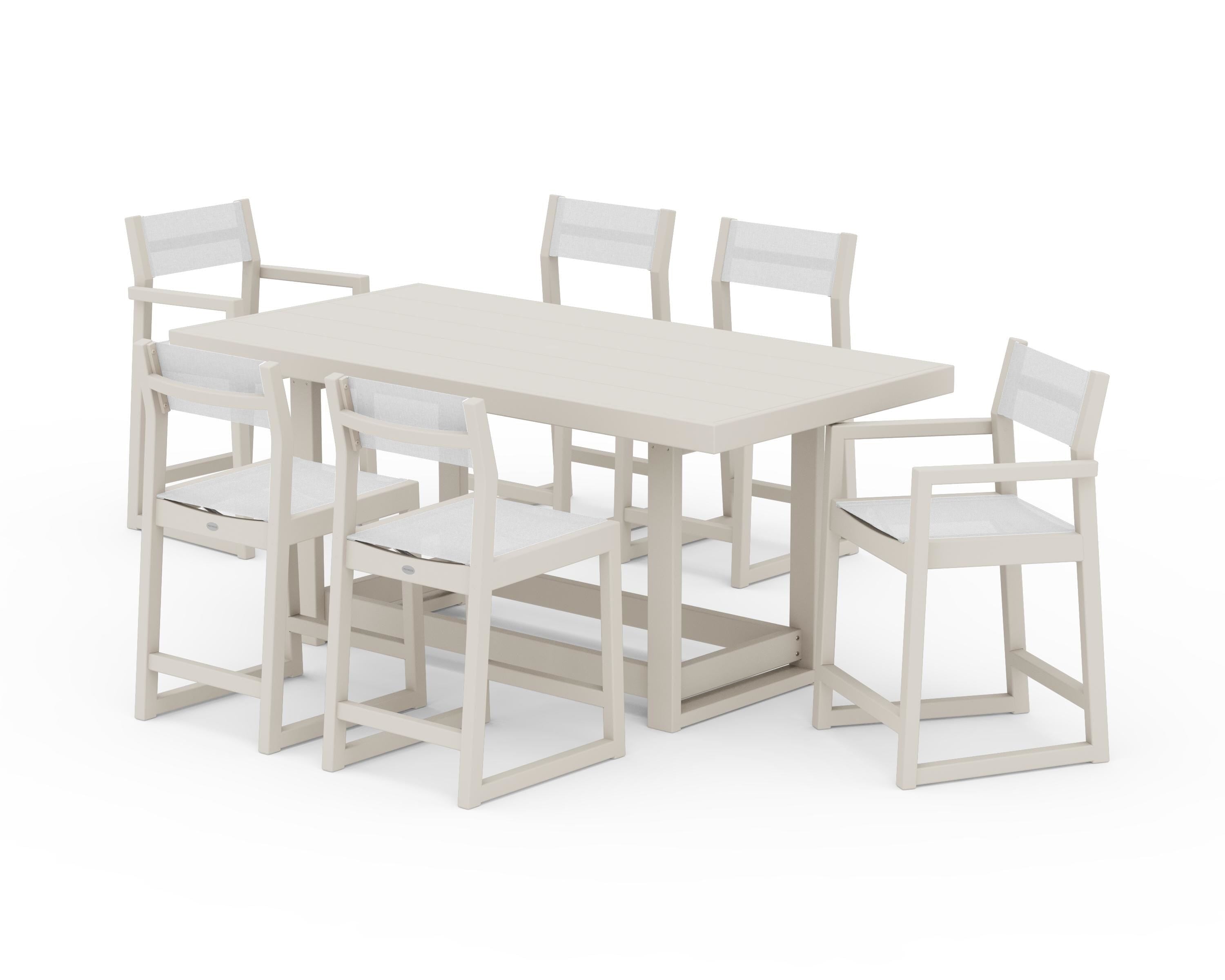 POLYWOOD EDGE Sling 7-Piece Counter Table Set in Sand / White Sling
