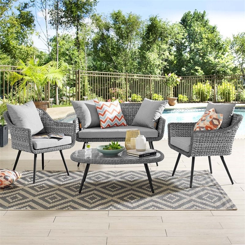 Endeavor 4 Piece Wicker Rattan Patio Loveseat Set in Gray EEI-3177